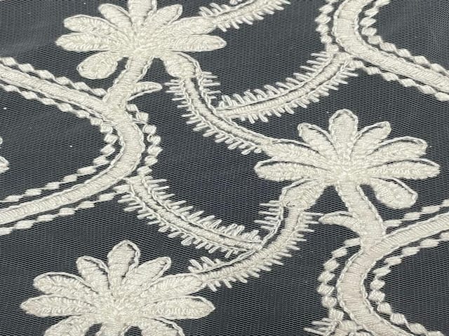 Dyeable Embroidered Net White Floral Waves