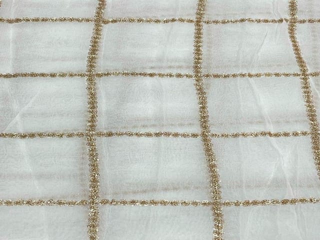 Dyeable Embroidered Georgette White Golden Box Checks