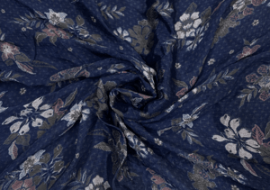 Dark Blue Floral Printed Chiffon Fabric