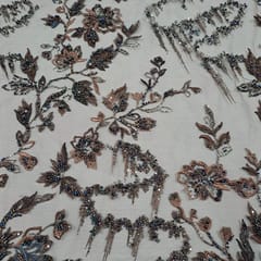 Brown Colour Net Embroidered Fabric
