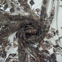 Brown Colour Net Embroidered Fabric