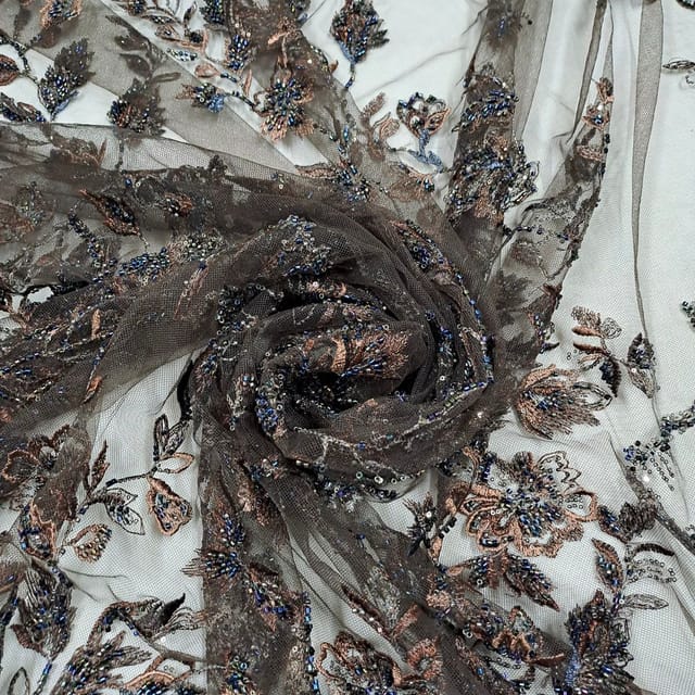 Brown Colour Net Embroidered Fabric