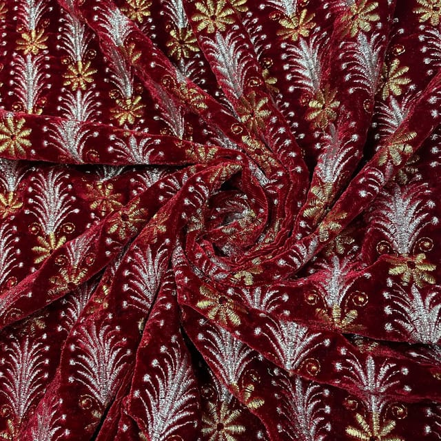 Maroon Colour Velvet Embroidered Fabric