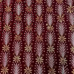 Maroon Colour Velvet Embroidered Fabric