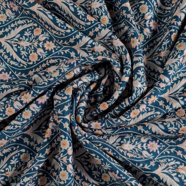 Peacock Blue Colour Dola Silk Print with Embroidered Fabric