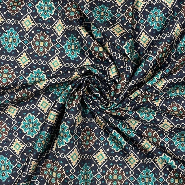 Dark Blue Colour Poly Tussar Printed Fabric