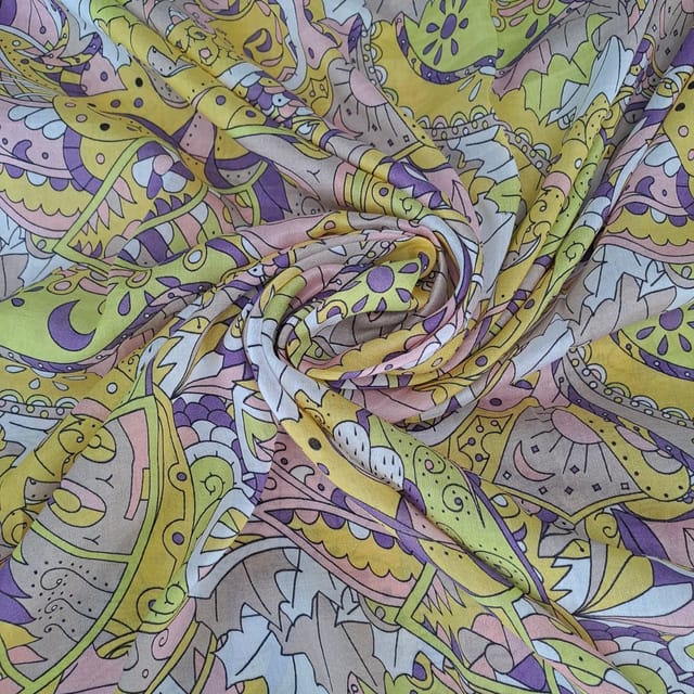 Yellow Colour Pure Chanderi Printed Fabric