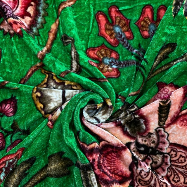 Green Colour Pure Silk Velvet Printed Fabric
