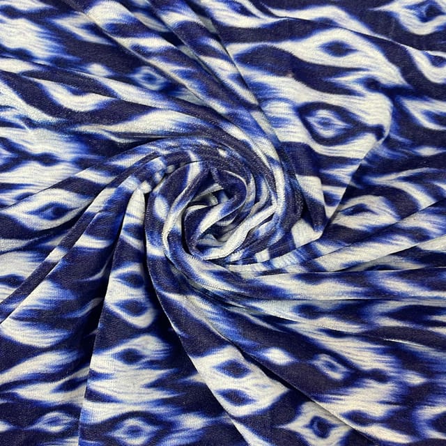 Blue Colour Pure Silk Velvet Printed Fabric