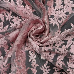 Pink Colour Net Embroidered Fabric