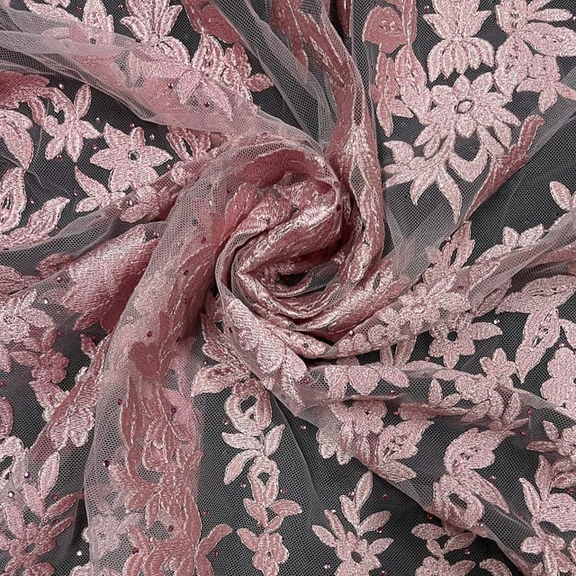 Pink Colour Net Embroidered Fabric