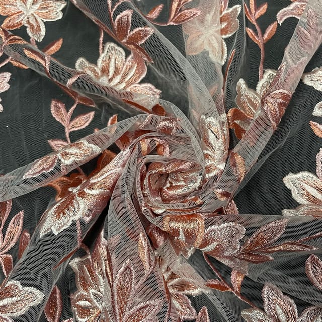 Pink Colour Net Embroidered Fabric