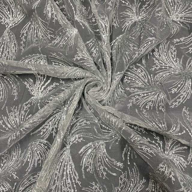 Grey Colour Net Embroidered Fabric