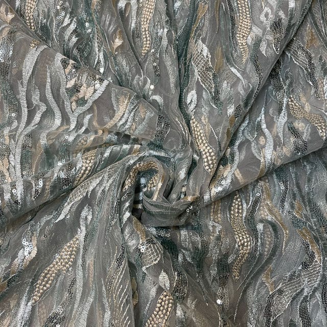 Sea Green Colour Net Embroidered Fabric