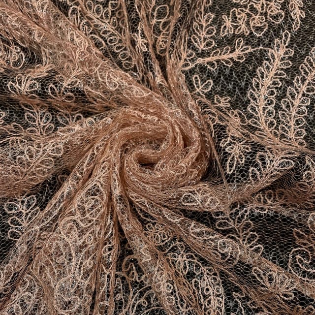 Peach Colour Net Embroidered Fabric