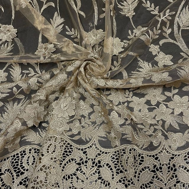 Golden Colour Net Embroidered Fabric