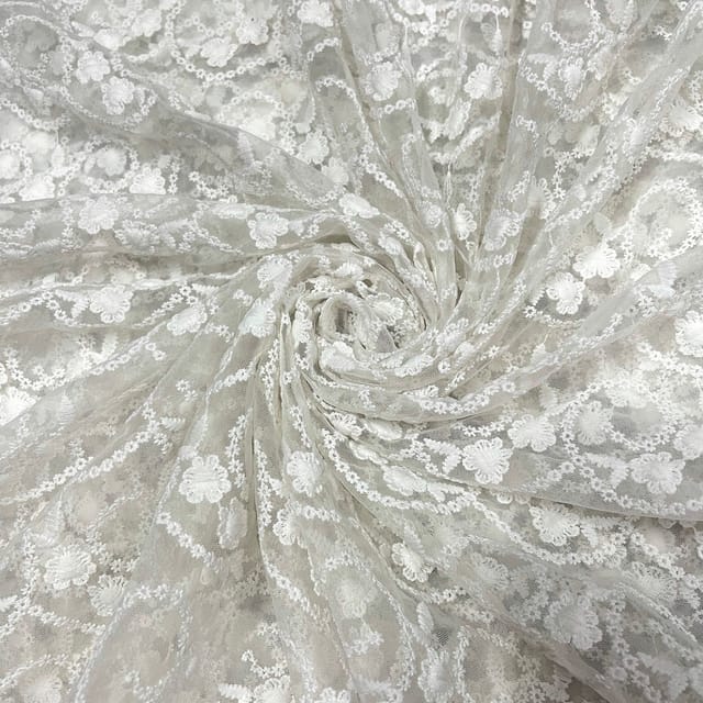 White Colour Net Embroidered Fabric