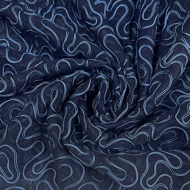 Navy Blue Colour Net Embroidered Fabric