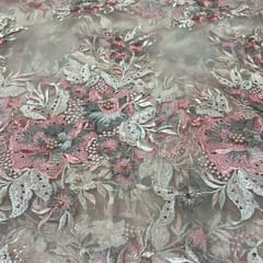 Pink Colour Net Embroidered Fabric