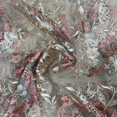 Pink Colour Net Embroidered Fabric