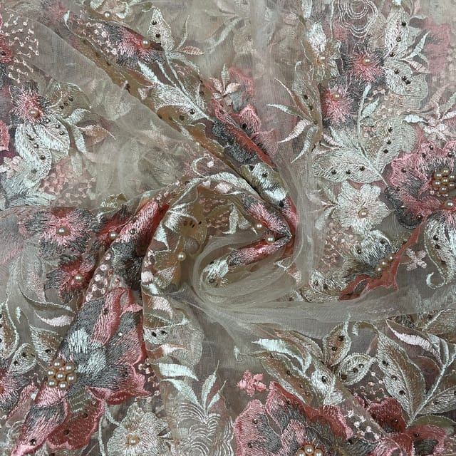 Pink Colour Net Embroidered Fabric