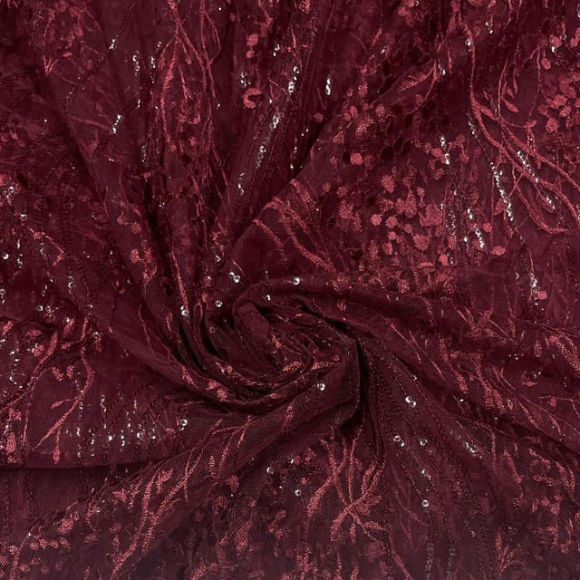 Maroon Colour Net Embroidered Fabric