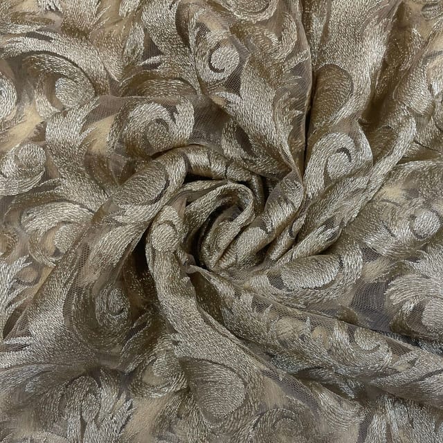 Golden Colour Net Embroidered Fabric