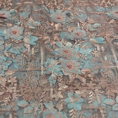Peach Colour Net Embroidered Fabric