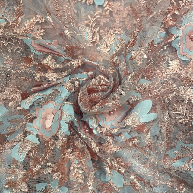 Peach Colour Net Embroidered Fabric