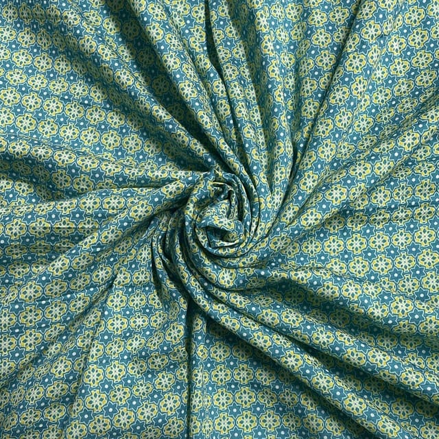 Teal Blue Colour Cotton Silk Printed Fabric