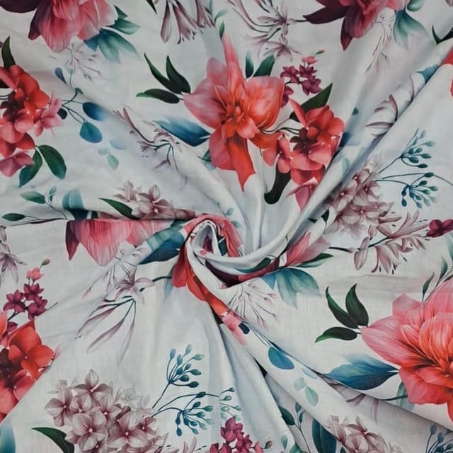 Sky Blue Colour Cotton Linen Printed Fabric