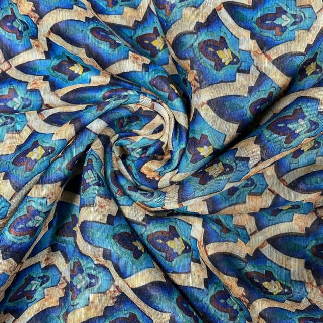 Blue Colour Semi Chanderi Printed Fabric