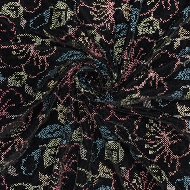 Black Colour Floral Velvet Embroidered Fabric