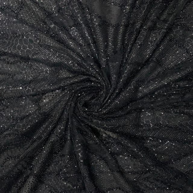 Black Colour  Abstract Sequence Embroidered Net Fabric