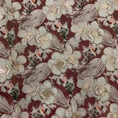 Brown Colour Floral Satin Tissue Embroidered Fabric