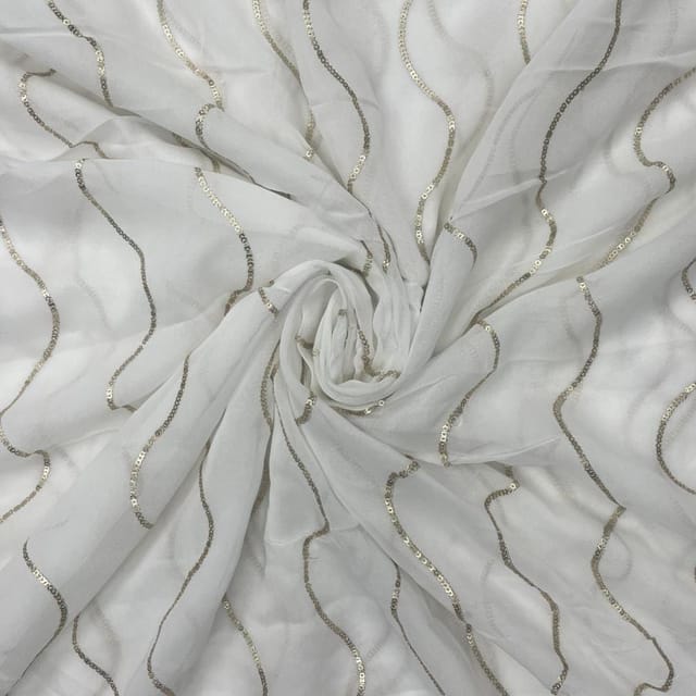 White Dyeable Embroidered Georgette Chevron Fabric