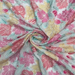 White Red MultiColour Floral Georgette Embroidered Fabric