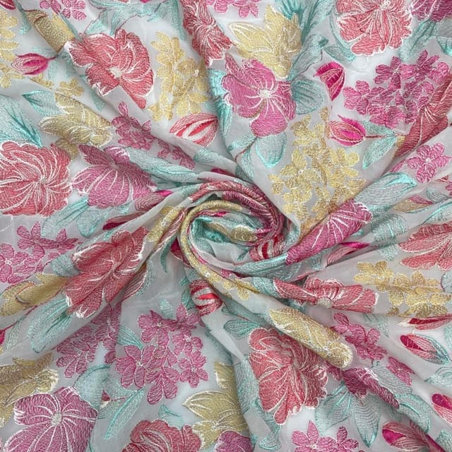 White Red MultiColour Floral Georgette Embroidered Fabric