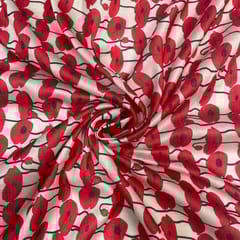White Red Abstract Pure Chanderi Printed Fabric