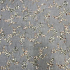 Grey Floral Cotton Kota checks Embroidered Fabric