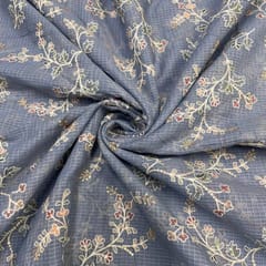 Grey Floral Cotton Kota checks Embroidered Fabric