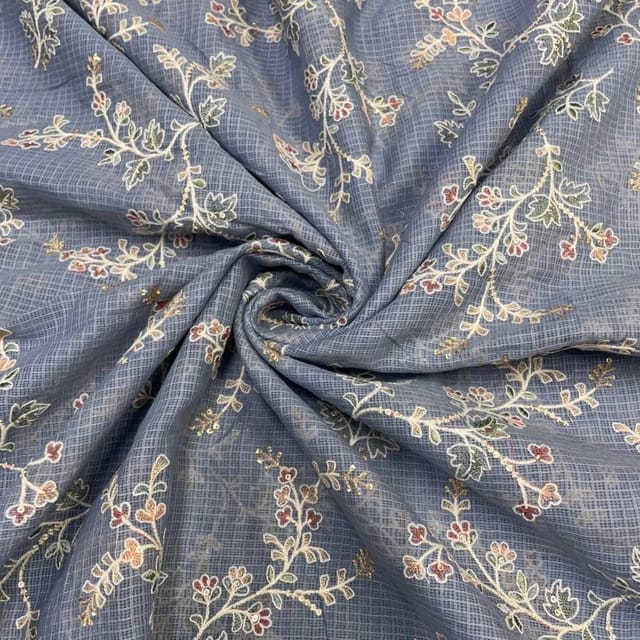 Grey Floral Cotton Kota checks Embroidered Fabric