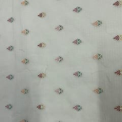 Cream Leaves Cotton Kota checks Embroidered Fabric