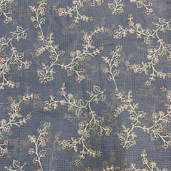 Grey Floral Cotton Kota checks Embroidered Fabric