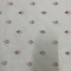 Cream Leaves Cotton Kota checks Embroidered Fabric