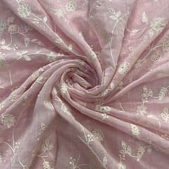 Baby Pink Flawer Chanderi Mul Embroidered Fabric
