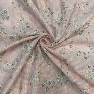 Peach Floral Cotton Kota checks Embroidered Fabric