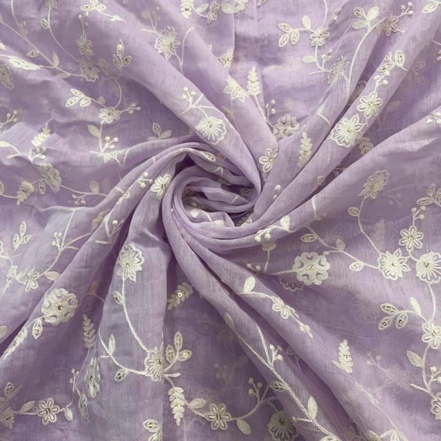 Light Levender Flawer Chanderi Mul Embroidered Fabric