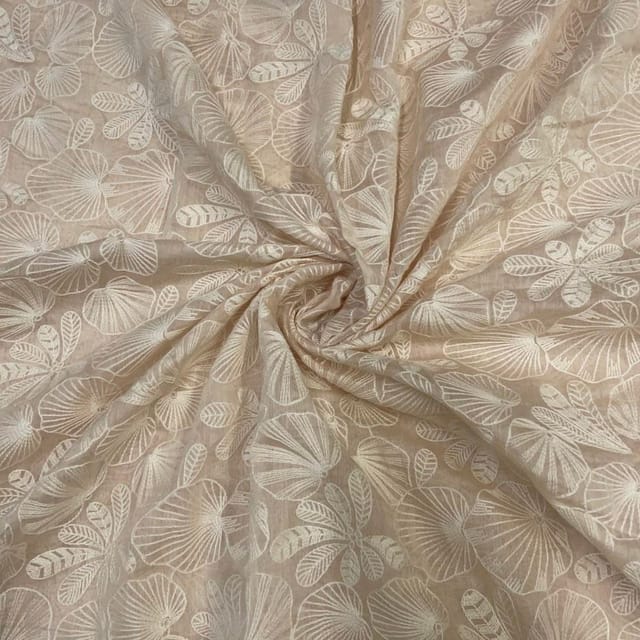 Peach Floral Chanderi Mul Embroidered Fabric