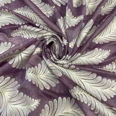 Dark Lilac White Leaves Chanderi Mul Embroidered Fabric